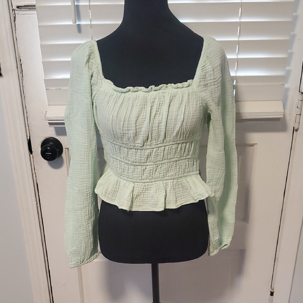 wild fable Mint Green Smocked Peplum Crop Long-Sleeve Top